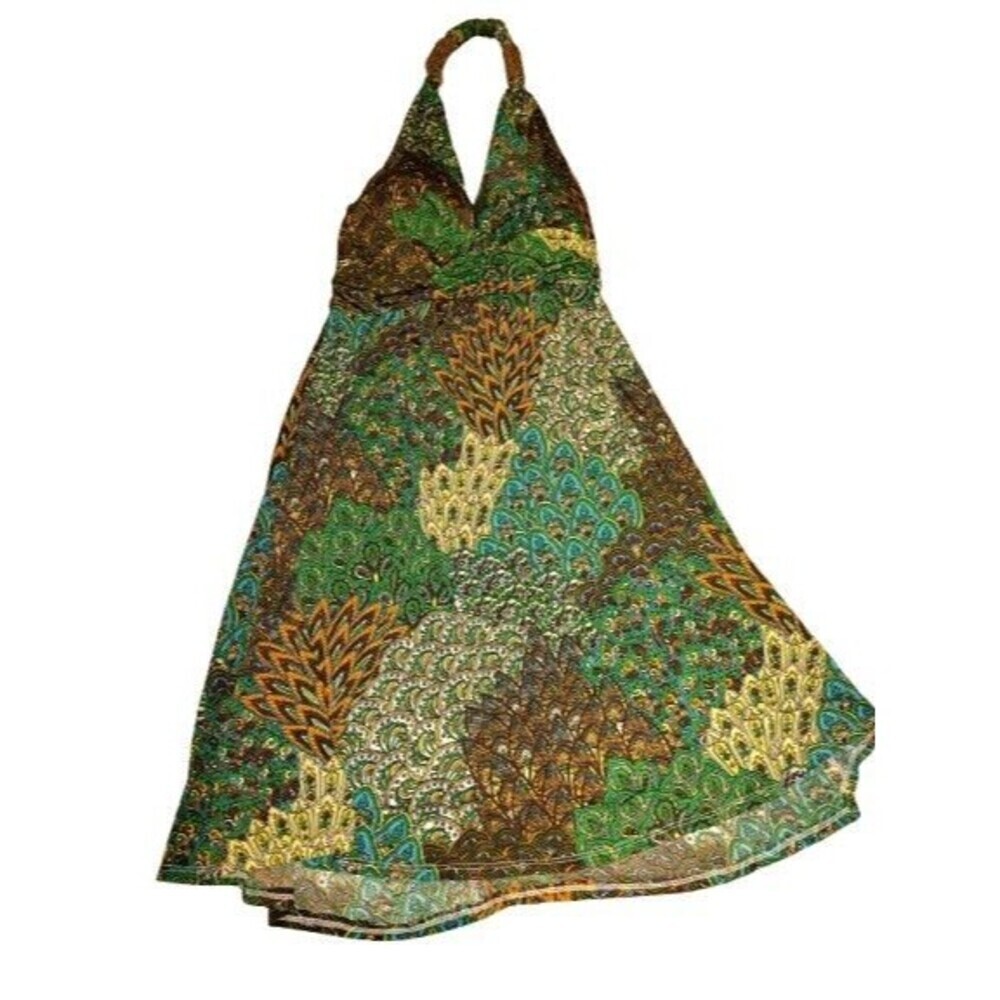Cristinalove Peacock Paisley Halter Mini Dress Green Brown Boho Small - Picture 2 of 13